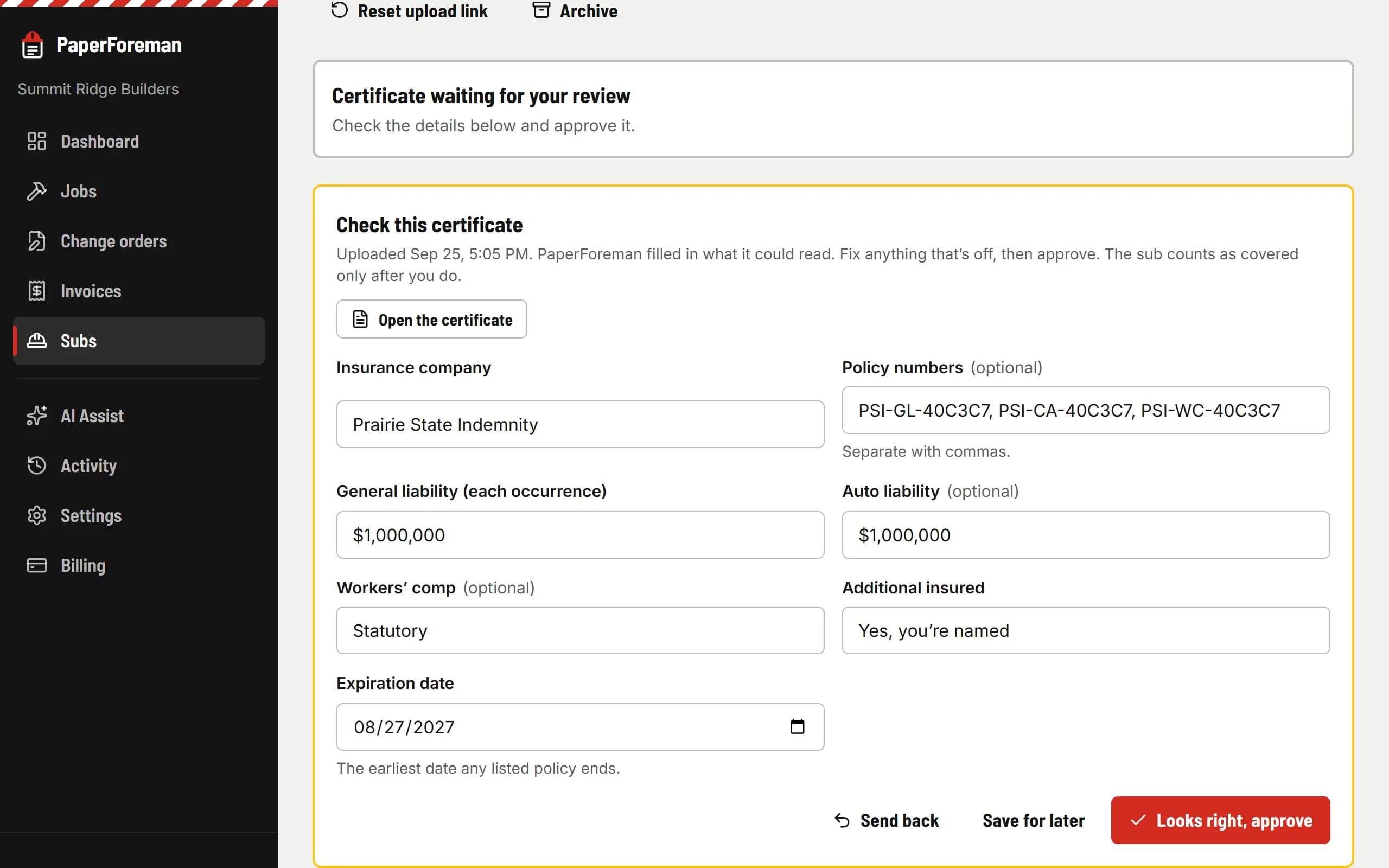 Reviewing an insurance certificate: carrier, policy numbers, limits and expiration read from the upload