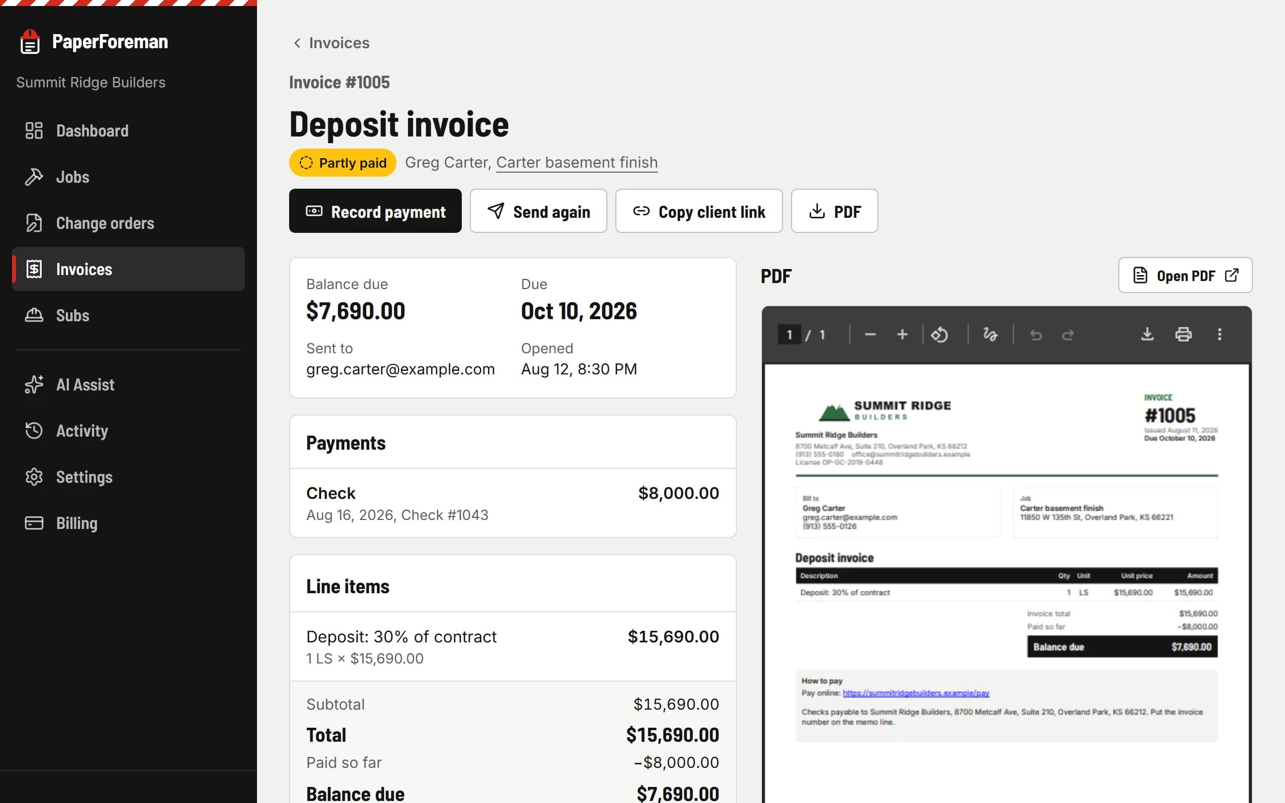 An invoice with its payments, balance and reminder history