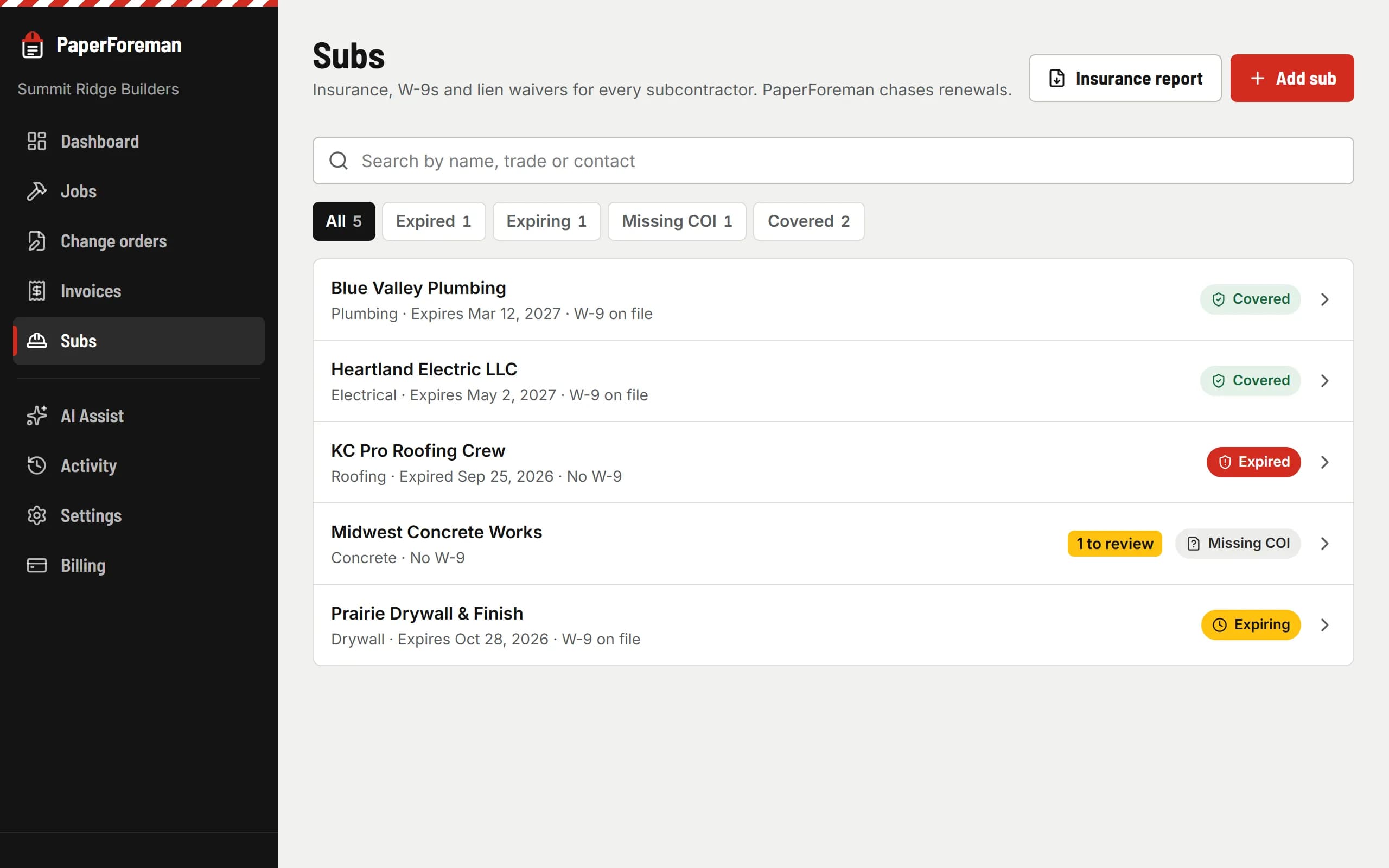 Subs list with insurance status badges