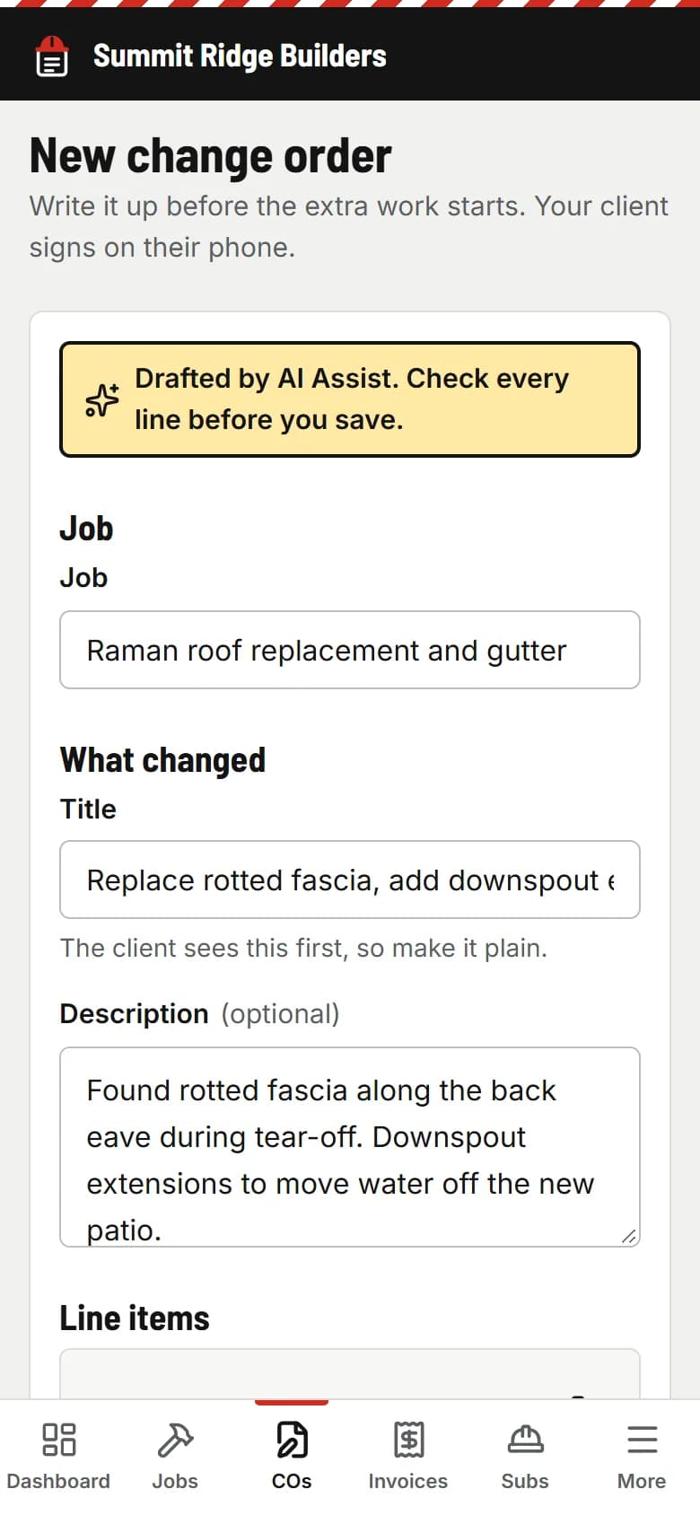 A change order form filled in by AI Assist from a voice note, waiting for the owner to check it