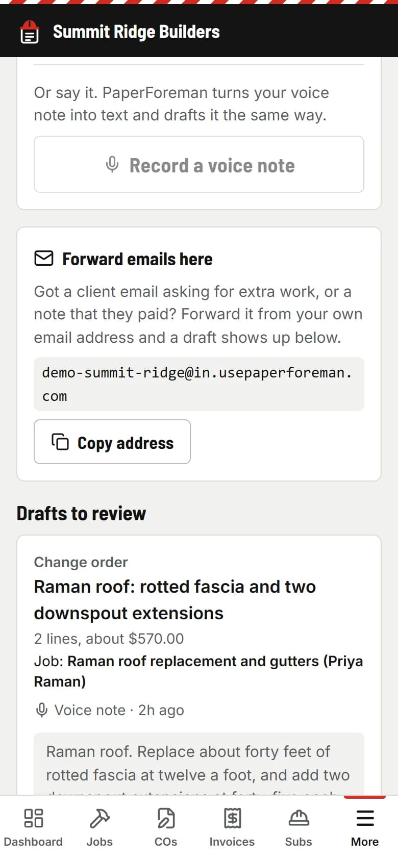 AI Assist on a phone: a note box and drafts waiting for review