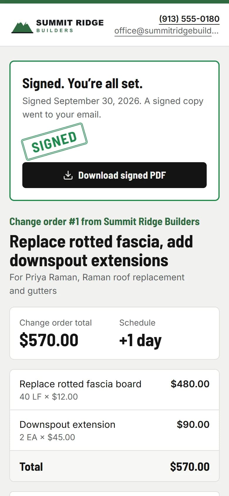 The signed change order with a SIGNED stamp, ready to download as a PDF