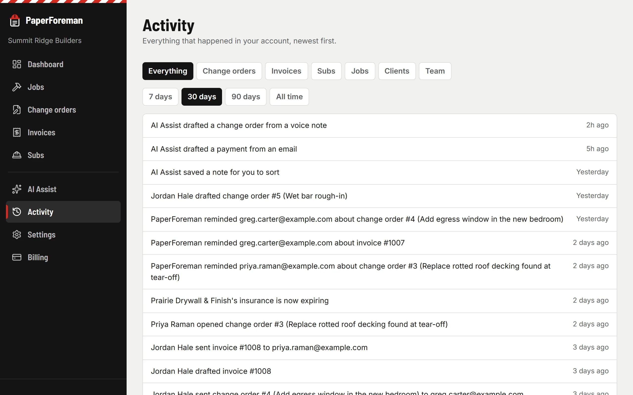 Activity log showing views, signatures, payments and reminders
