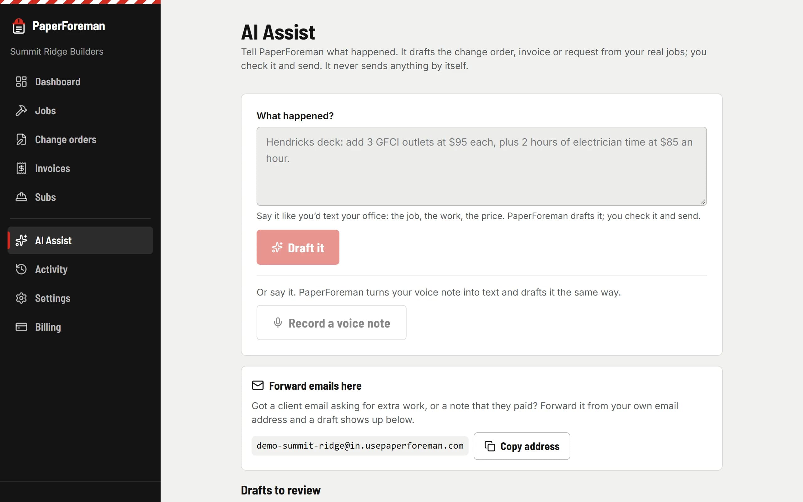 AI Assist drafts queue with a voice note, a forwarded email and a typed note