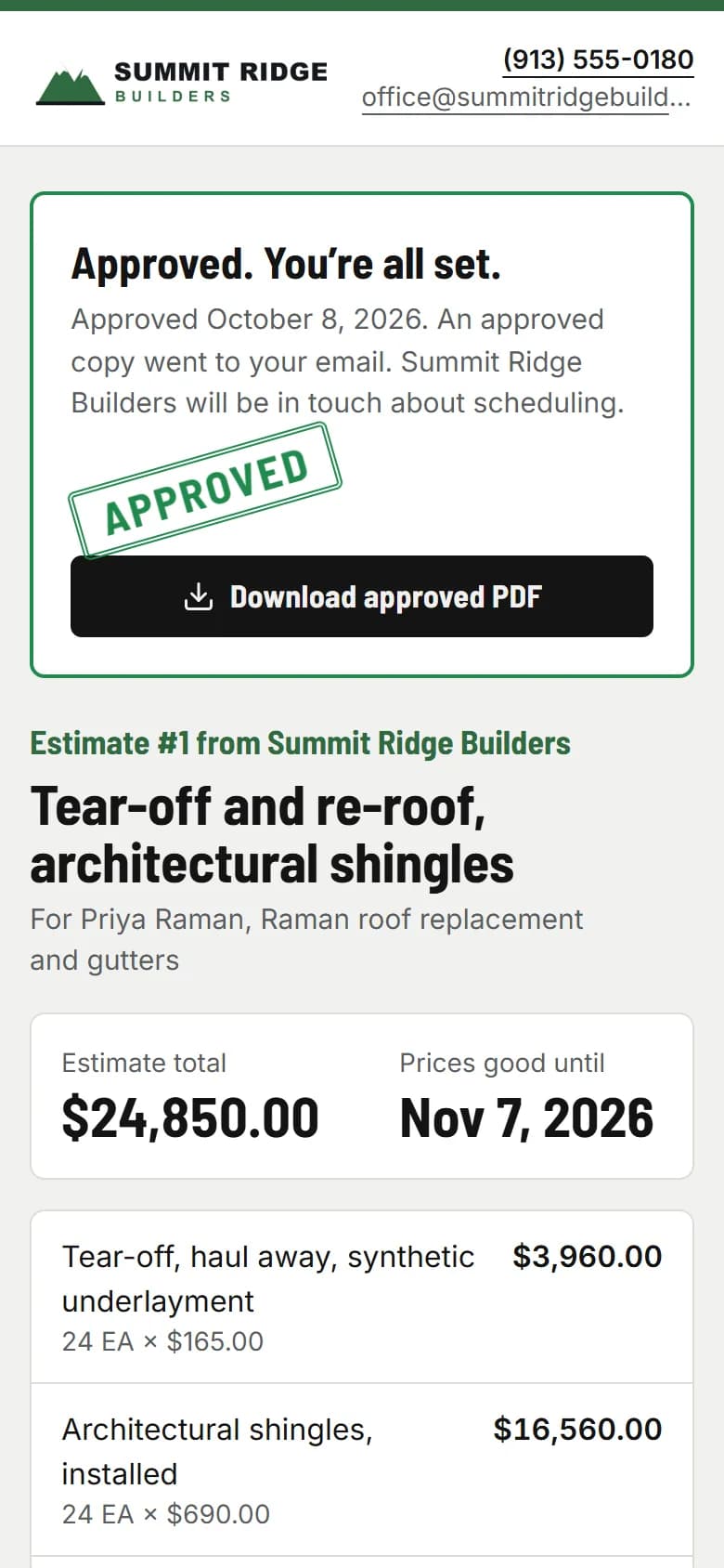 The approved estimate with an APPROVED stamp, ready to download as a PDF