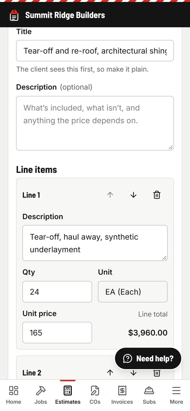 Writing an estimate on a phone: job, title, line items with prices and the date the price is good until