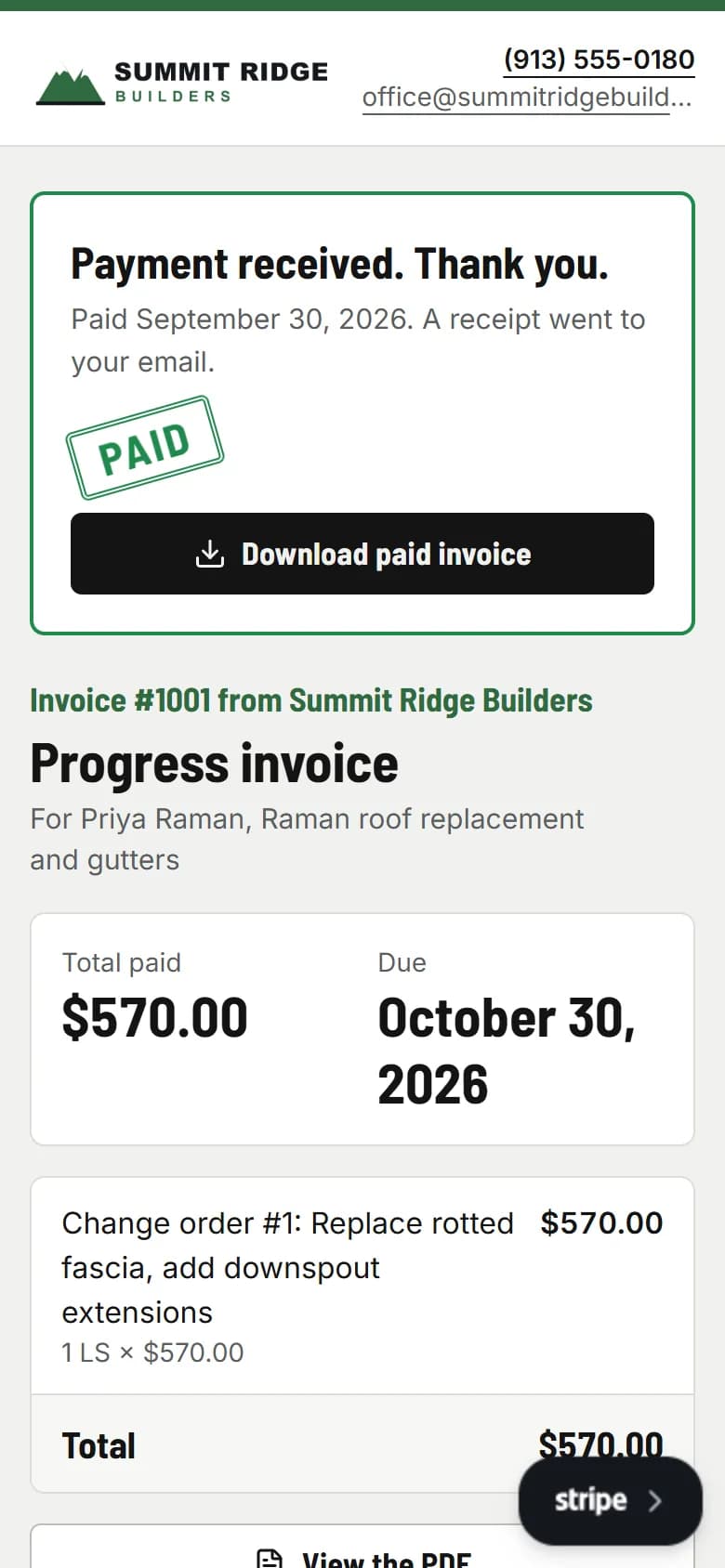 The invoice marked paid after the client paid online