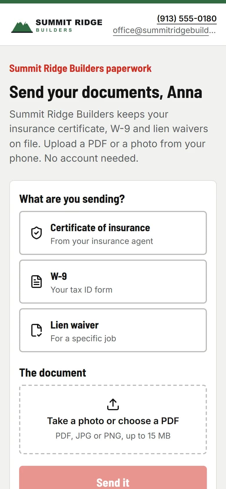 A sub’s upload page: pick the document type and upload a PDF or a photo