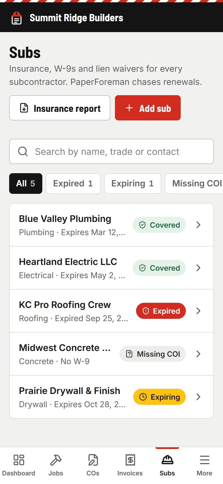 Subs list with insurance status for each sub: current, expiring, expired or missing
